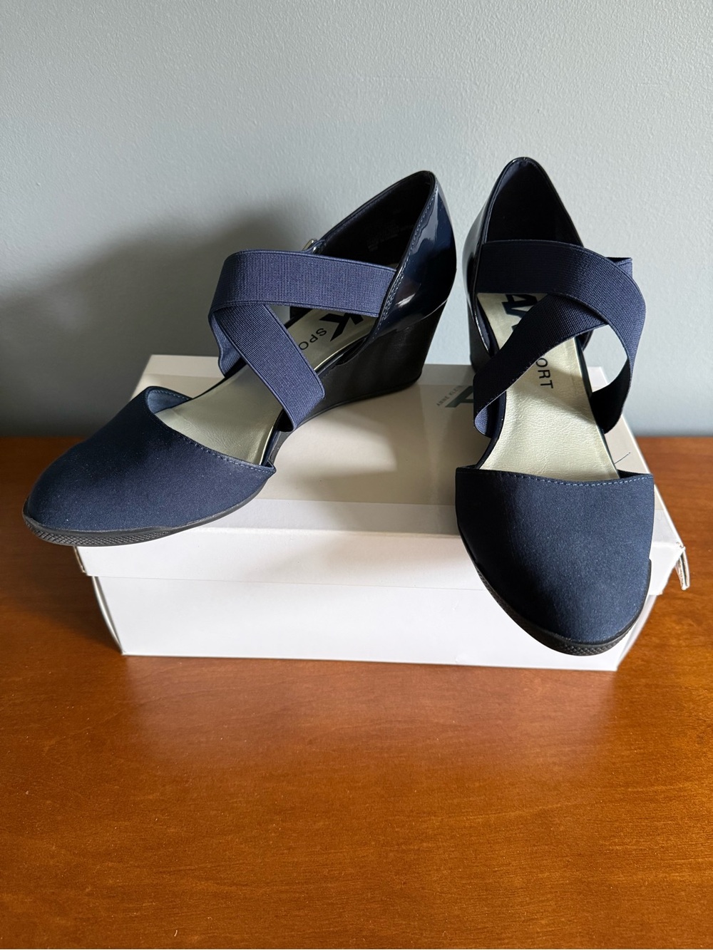 Anne Klein Sport Arktrista Navy Cross-Strap Wedge Heels